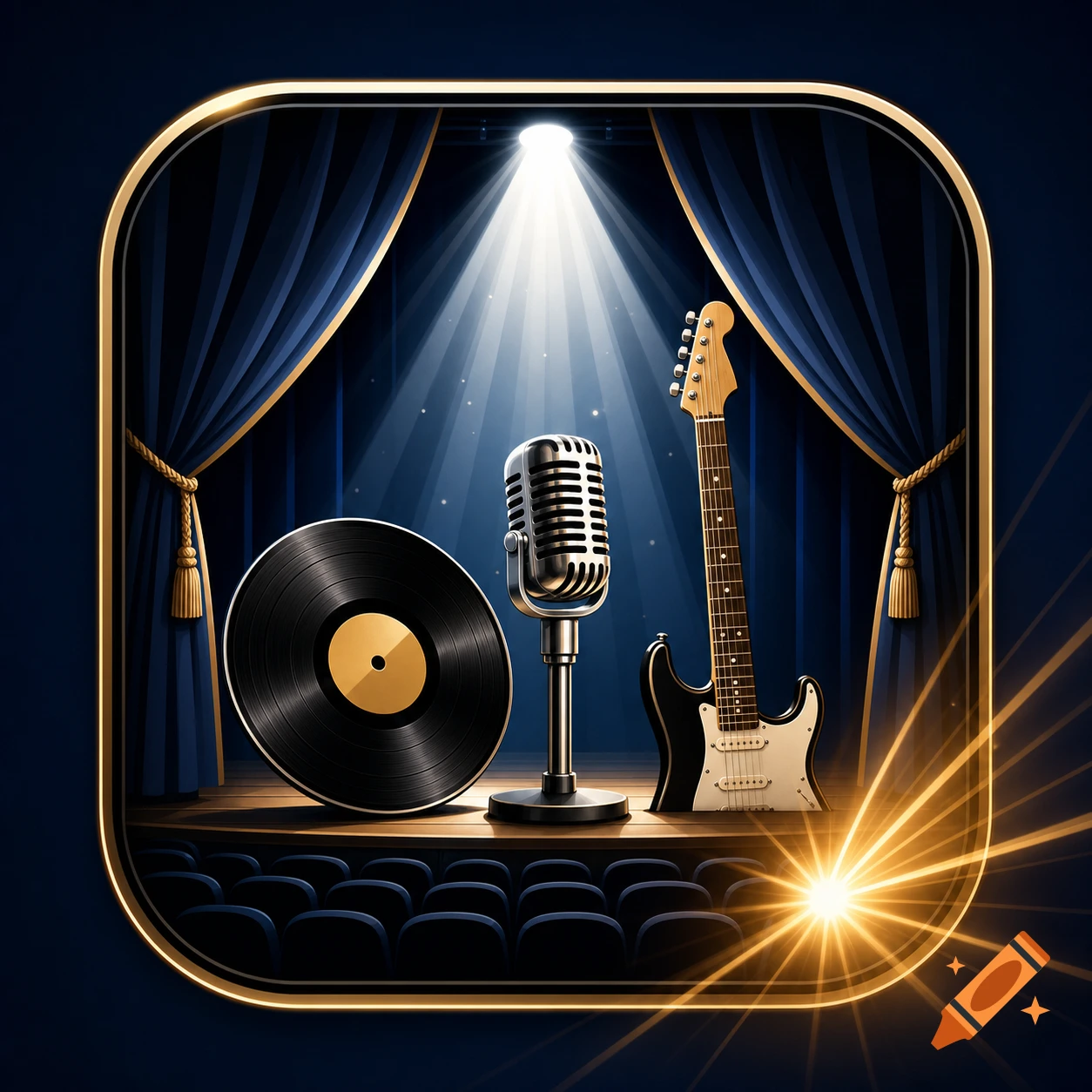 A dramatic music stage with dark blue curtains, a spotlight, a vinyl record, a classic microphone, and an electric guitar.