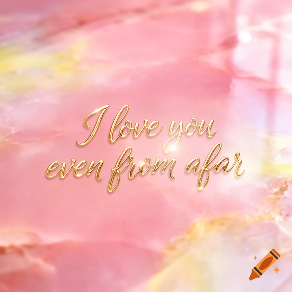 Glossy pink and yellow marble background with golden cursive text "I love you even from afar".