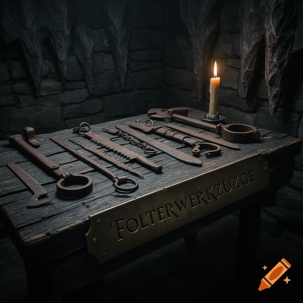 Rusty medieval torture instruments on a dark wooden table in a stone dungeon, lit by a single candle. A plaque reads 'FOLTERWERKZUGE'.