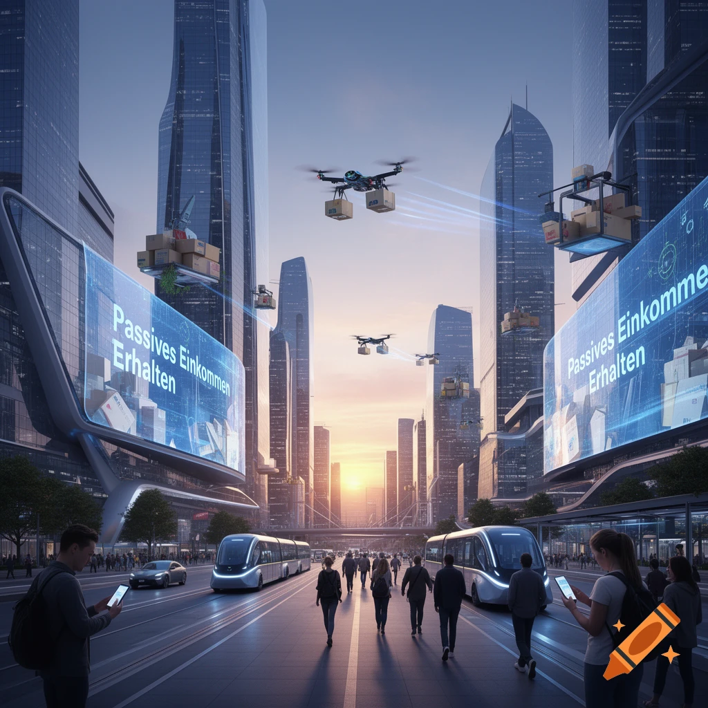 A photorealistic futuristic city with skyscrapers, flying drones delivering packages, sleek trams, pedestrians, and screens displaying 'Passives Einkommen Erhalten'.