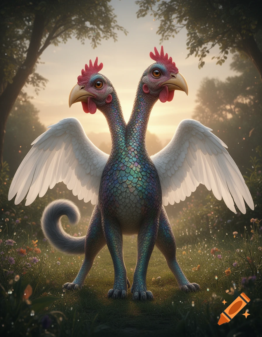 A two-headed winged monster with iridescent scales, chicken heads, cat paws, and a dog tail in a magical forest.