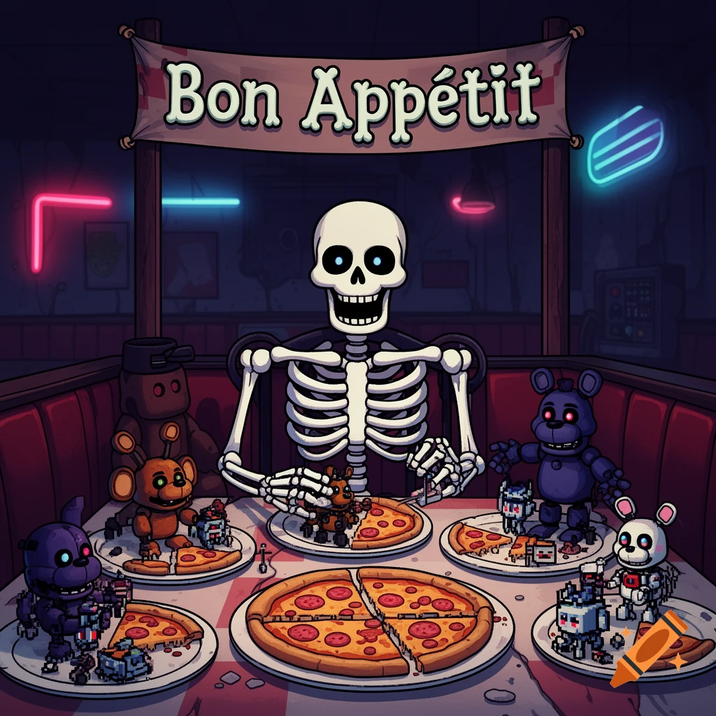 Cartoon illustration of a skeleton and animatronic characters eating pizza in a neon-lit diner with a 'Bon Appétit' sign.