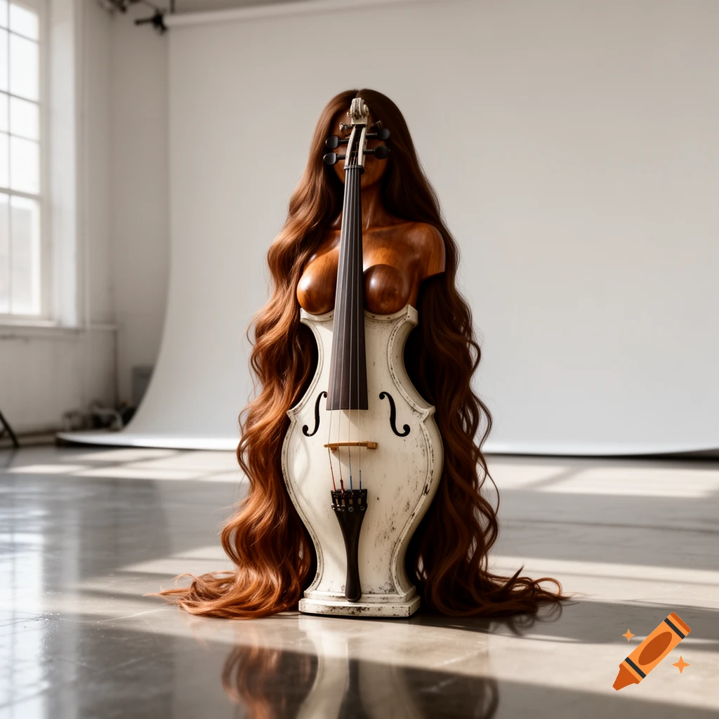 A cello-like instrument merged with a wooden female bust, framed by long brown hair, in a brightly lit studio.