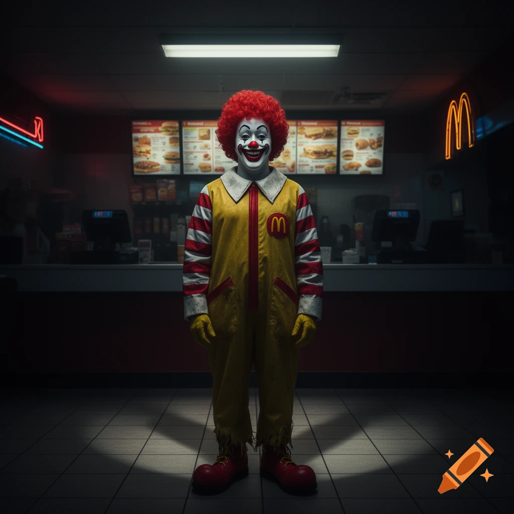 A creepy Ronald McDonald stands in a dimly lit, abandoned McDonald's restaurant with menu boards and neon signs in the background, in a photorealistic style.