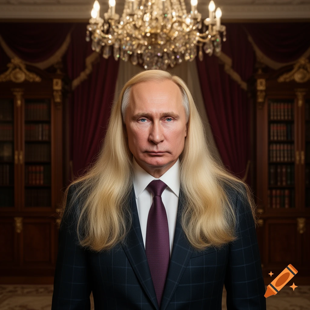 A photorealistic portrait of Vladimir Putin with long blonde hair, wearing a suit and tie, in a formal room with a chandelier.