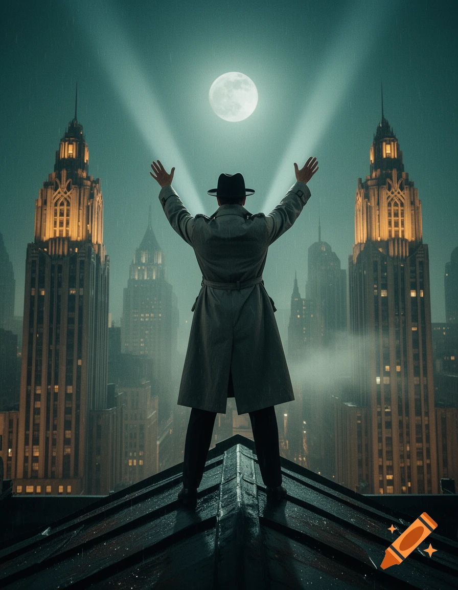 A man in a trench coat on a rainy rooftop raises his arms towards an Art Deco city skyline and full moon in a film noir style.