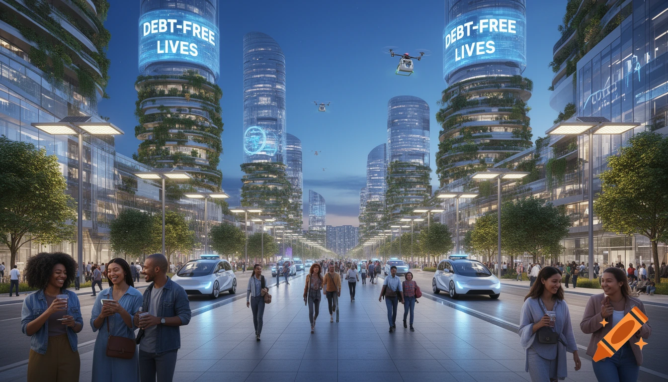 A vibrant, photorealistic futuristic city street at dusk, with people walking, autonomous cars, and skyscrapers displaying 'DEBT-FREE LIVES'.
