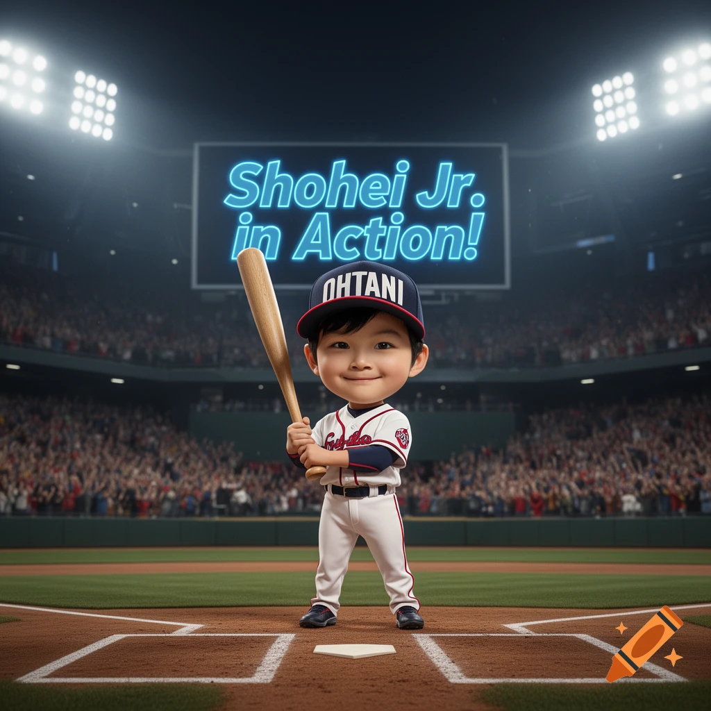 A cute, cartoonish child in a baseball uniform holding a bat on a baseball field, with a stadium screen displaying 'Shohei Jr. in Action!'