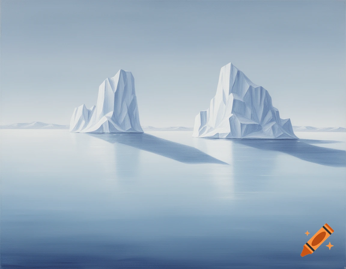 Two large, white, geometric icebergs cast long shadows on a tranquil blue sea under a pale sky, in a minimalistic painting style.