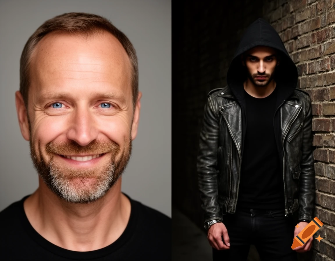 Split image showing a smiling man with blue eyes and a beard on the left, and a hooded man in a leather jacket leaning against a brick wall on the right.