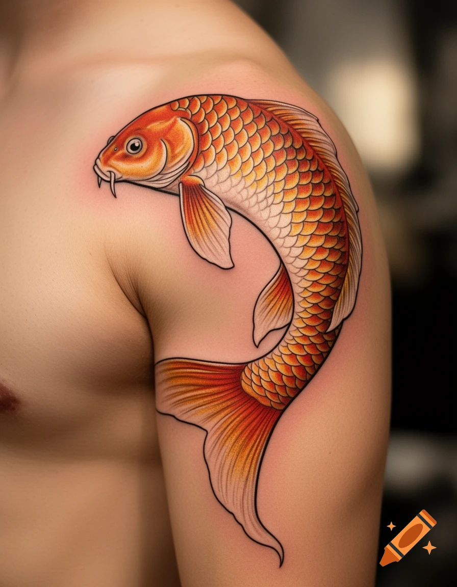 A vibrant orange and gold koi fish tattoo curves around a person's upper arm and shoulder.