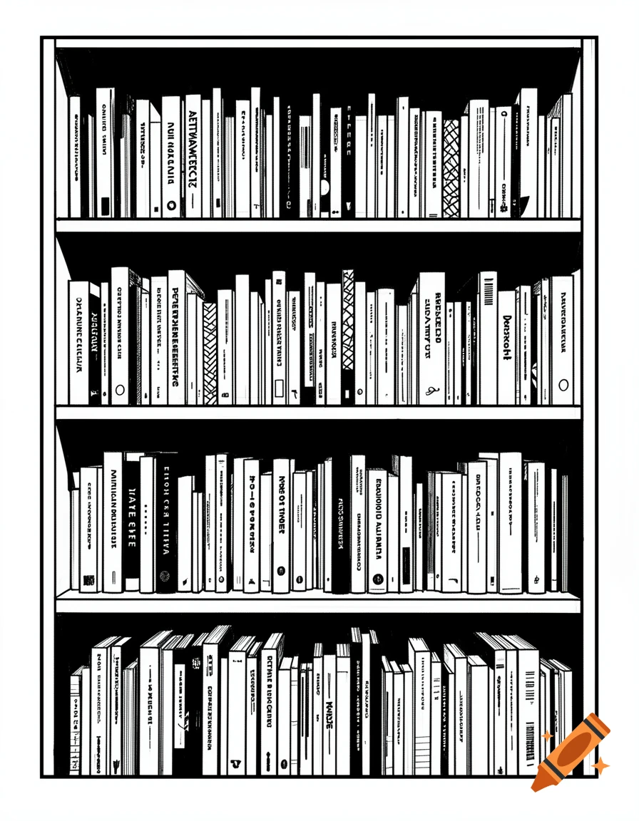 Black and white comic illustration of a full bookshelf filled with books.