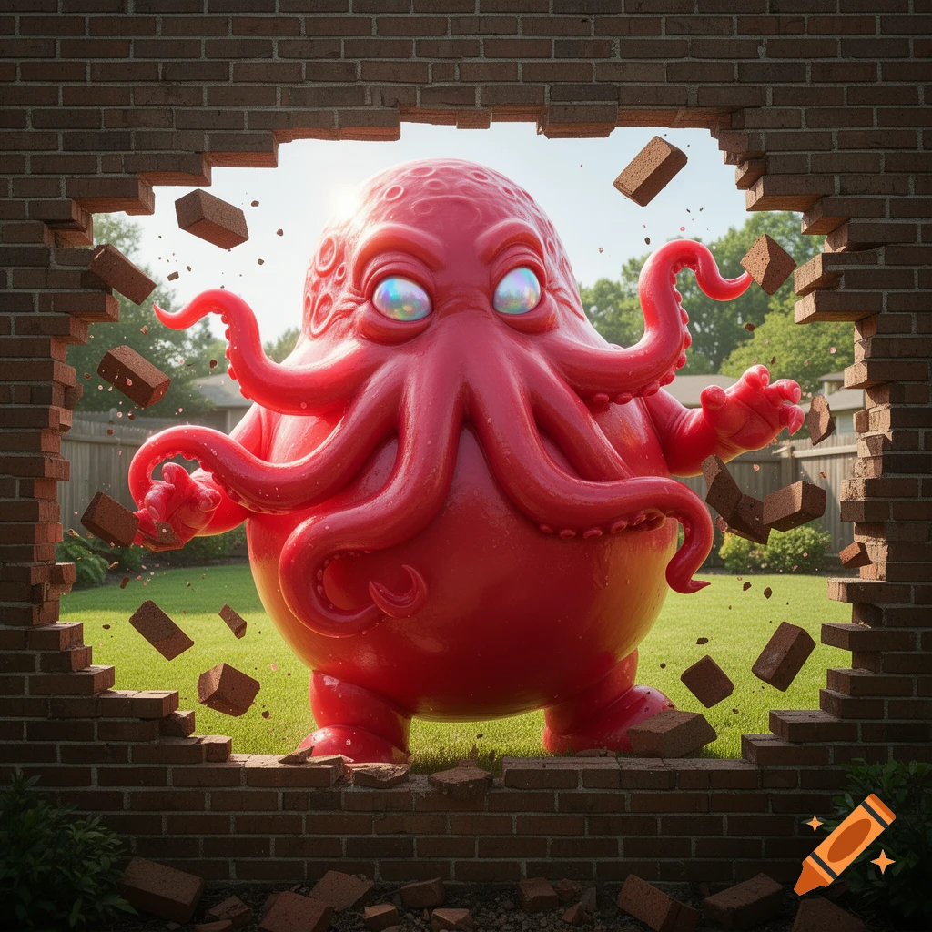 A large, red, tentacled Cthulhu-like creature with iridescent eyes bursts through a brick wall into a sunny backyard.