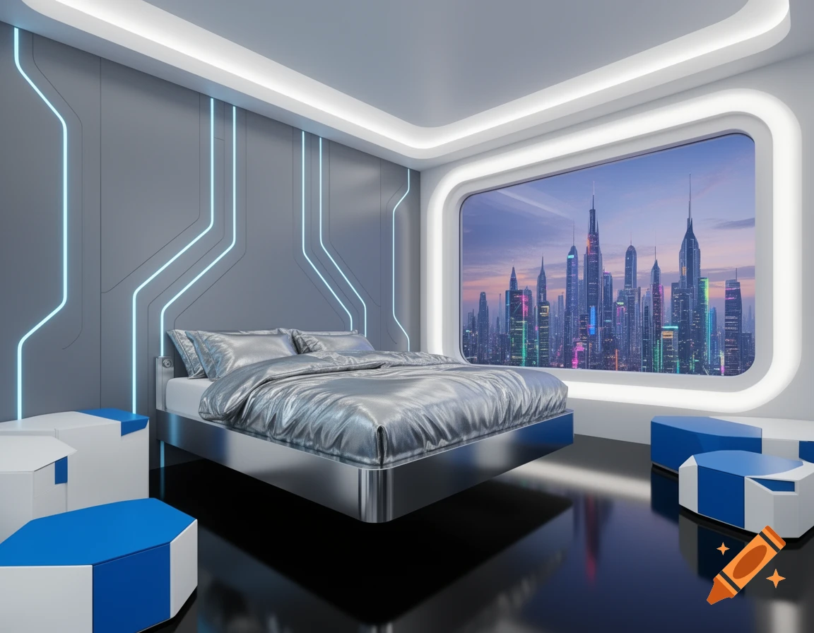 A futuristic bedroom with a metallic bed, blue accent furniture, and neon light strips, overlooking a vibrant city skyline at dusk.