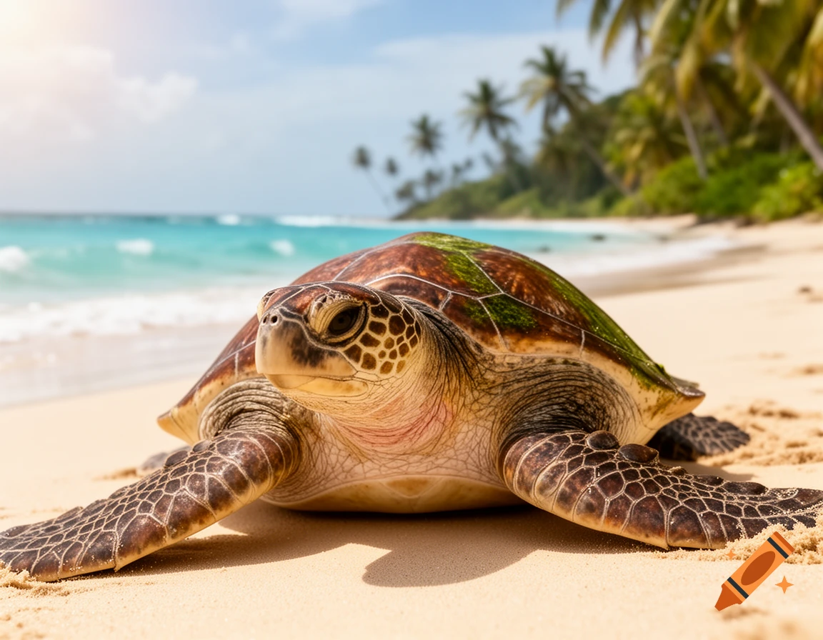 A photorealistic sea turtle crawls on a sunny sandy beach with turquoise ocean water and palm trees in the background.