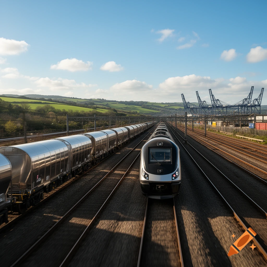 Photorealistic view of a passenger train and a freight train on parallel tracks with a green landscape and port cranes.