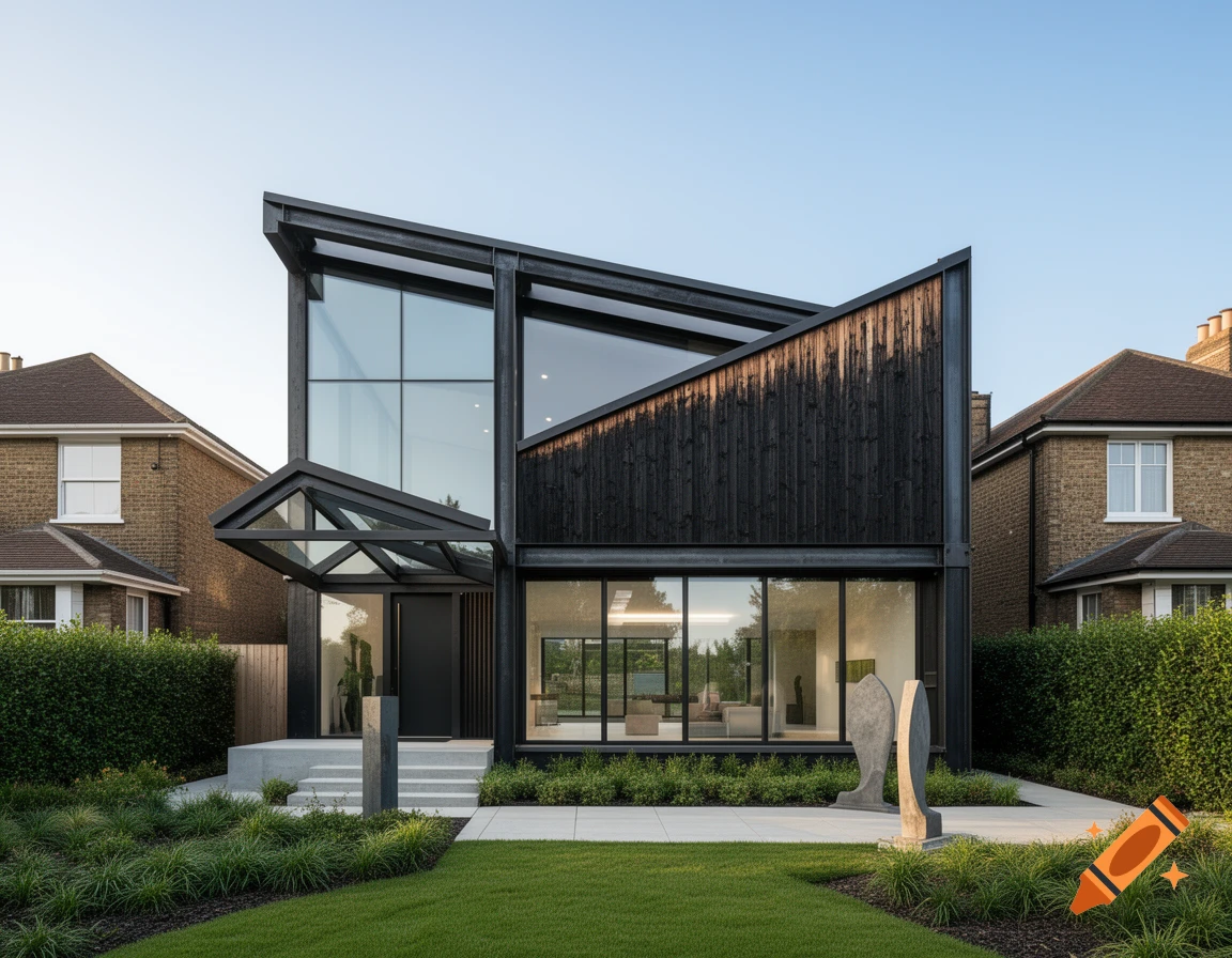 A modern, angular house with black cladding, large glass windows, and a unique facade, set against a green lawn and blue sky.