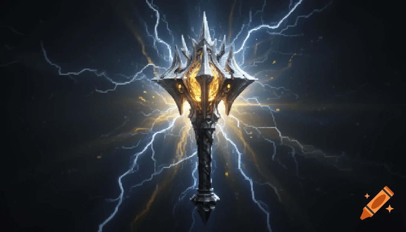 A pixelated divine mace radiates glowing power and crackling lightning against a dark background.