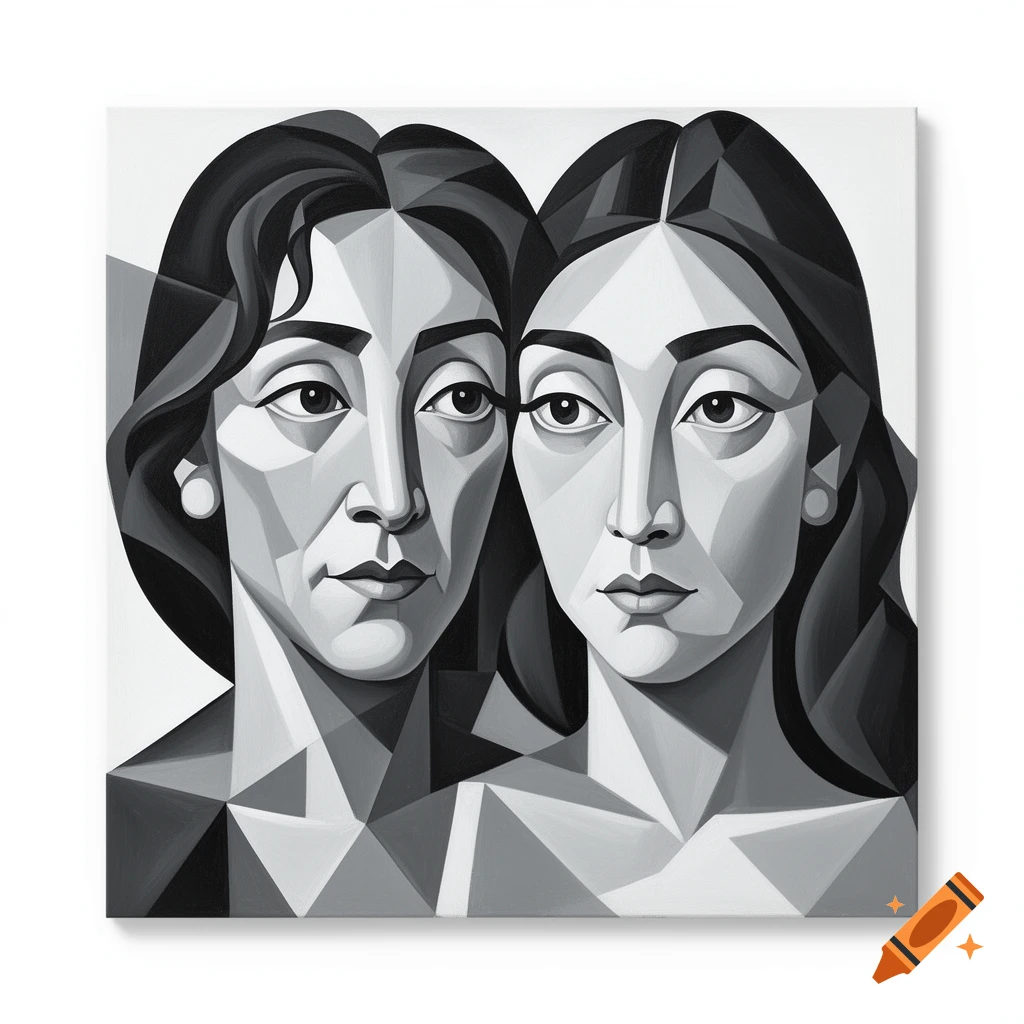 A cubist double portrait of two women with geometric features in shades of gray, black, and white.