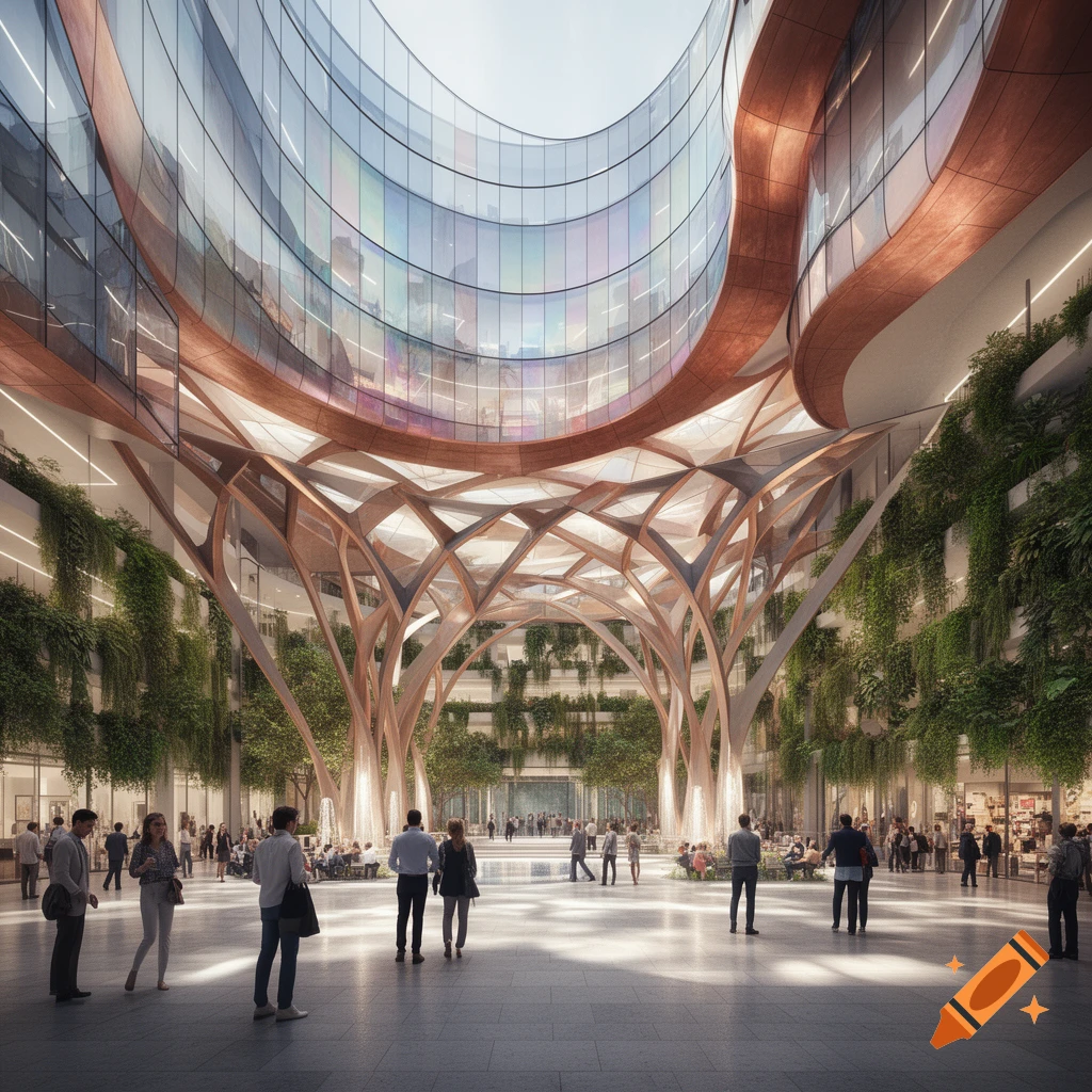 A grand, modern building atrium with a curved glass ceiling, organic tree-like wooden structures, living green walls, and people below.