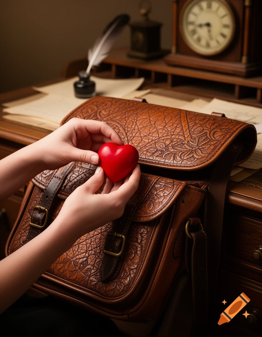 Close-up of hands holding a red heart above an ornate brown leather bag on a vintage wooden desk.