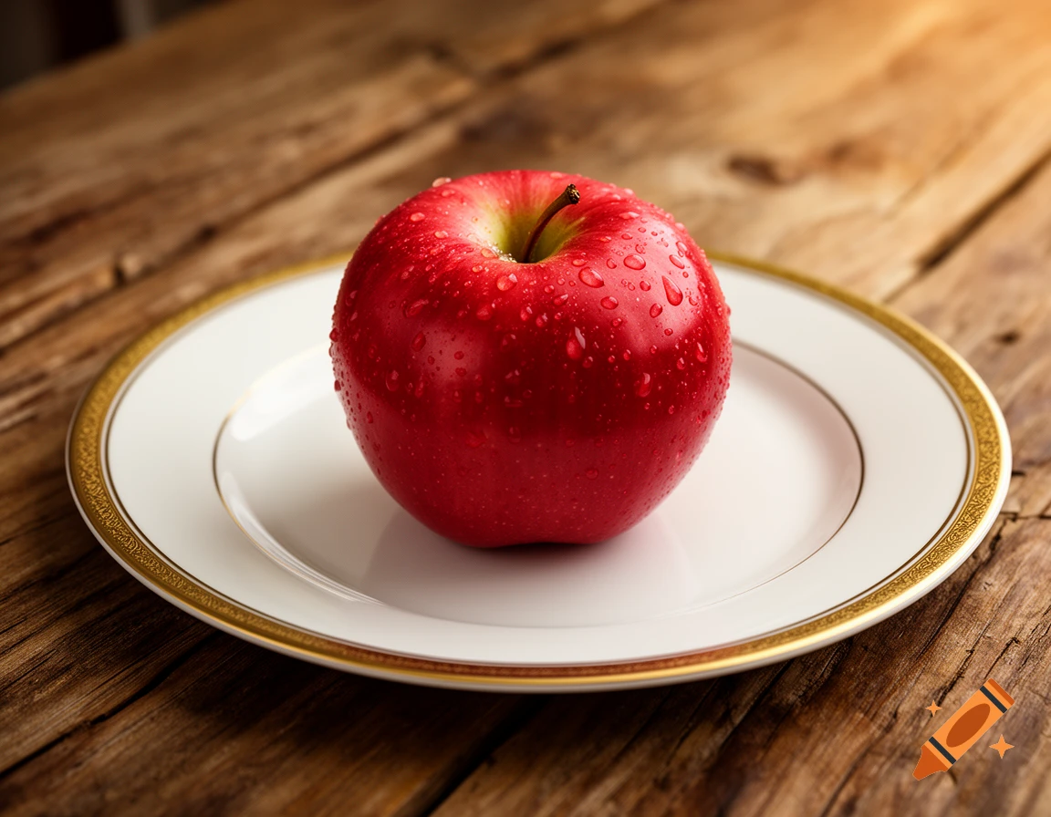 A photorealistic red apple with water droplets on a white plate with gold trim, on a wooden table.