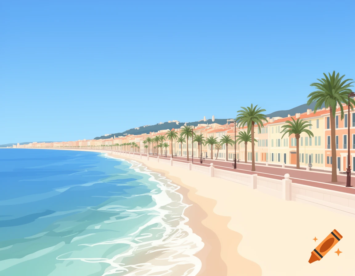 A simple, colorful drawing of a sunny beach promenade lined with palm trees and multi-story buildings, with mountains in the distance.