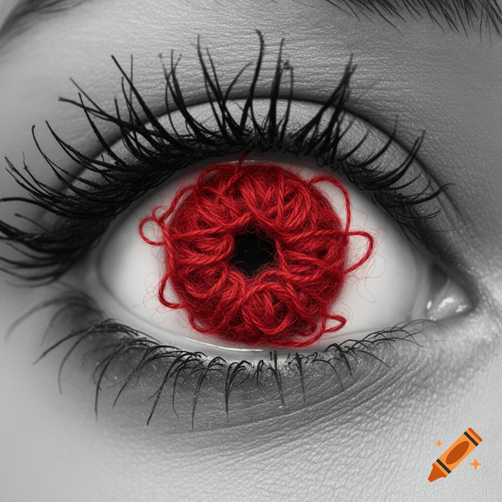 Close-up, black and white image of an eye with a messy swirl of red wool as the iris, strands flowing out.