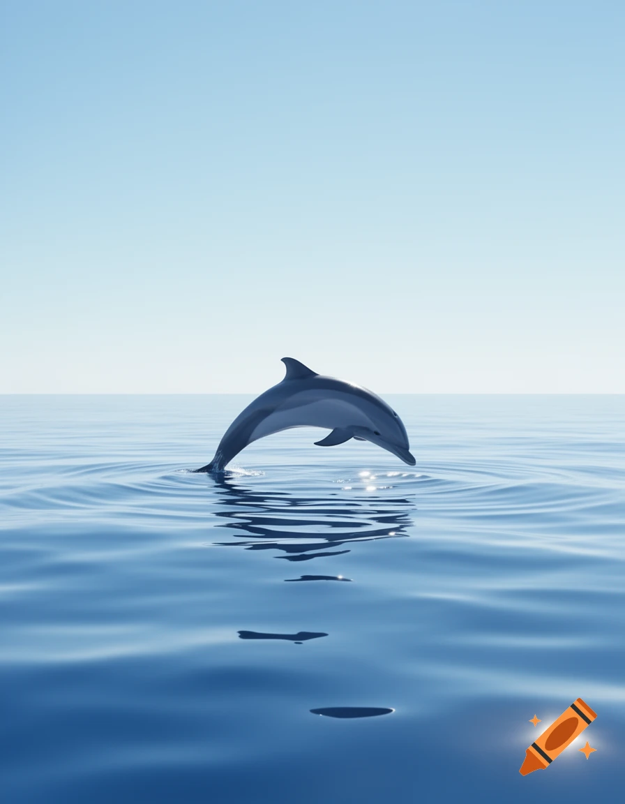 A dolphin jumps gracefully out of calm blue ocean water under a clear, bright sky, its reflection visible.