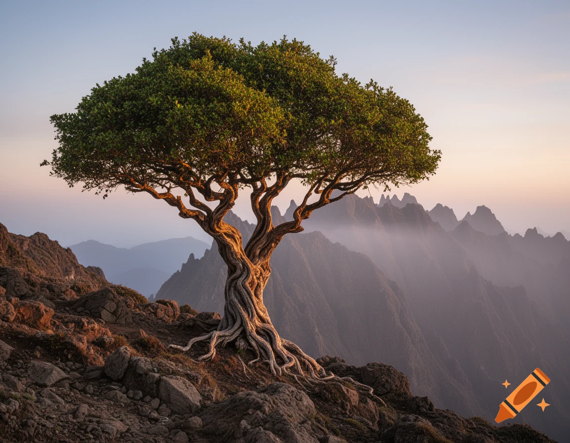 A solitary, gnarled tree with green leaves stands on a rocky mountain slope, with misty peaks in the background at sunset, photorealistic.
