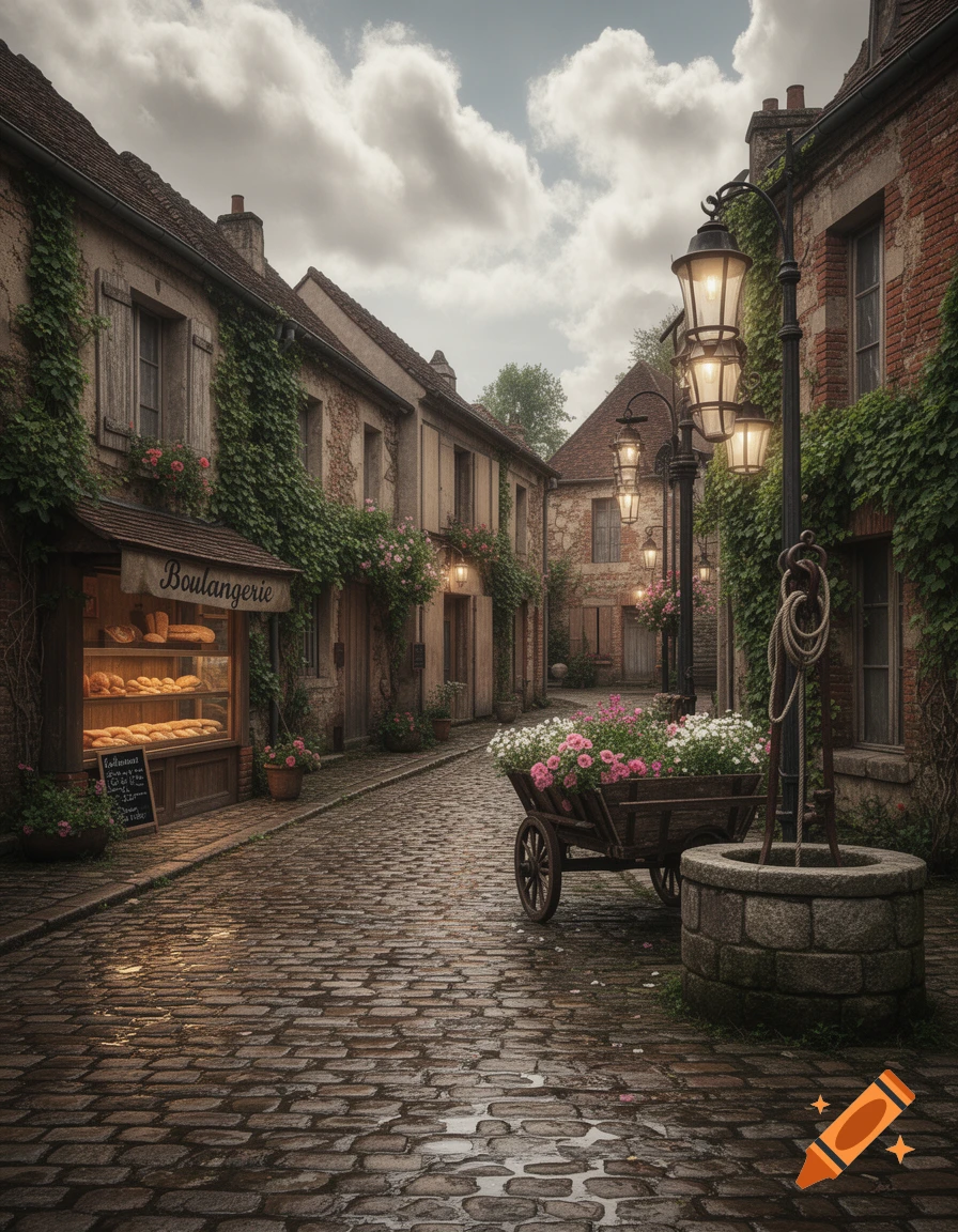 A charming cobblestone street in a European village with ivy-covered buildings, a bakery, a flower cart, and a stone well.