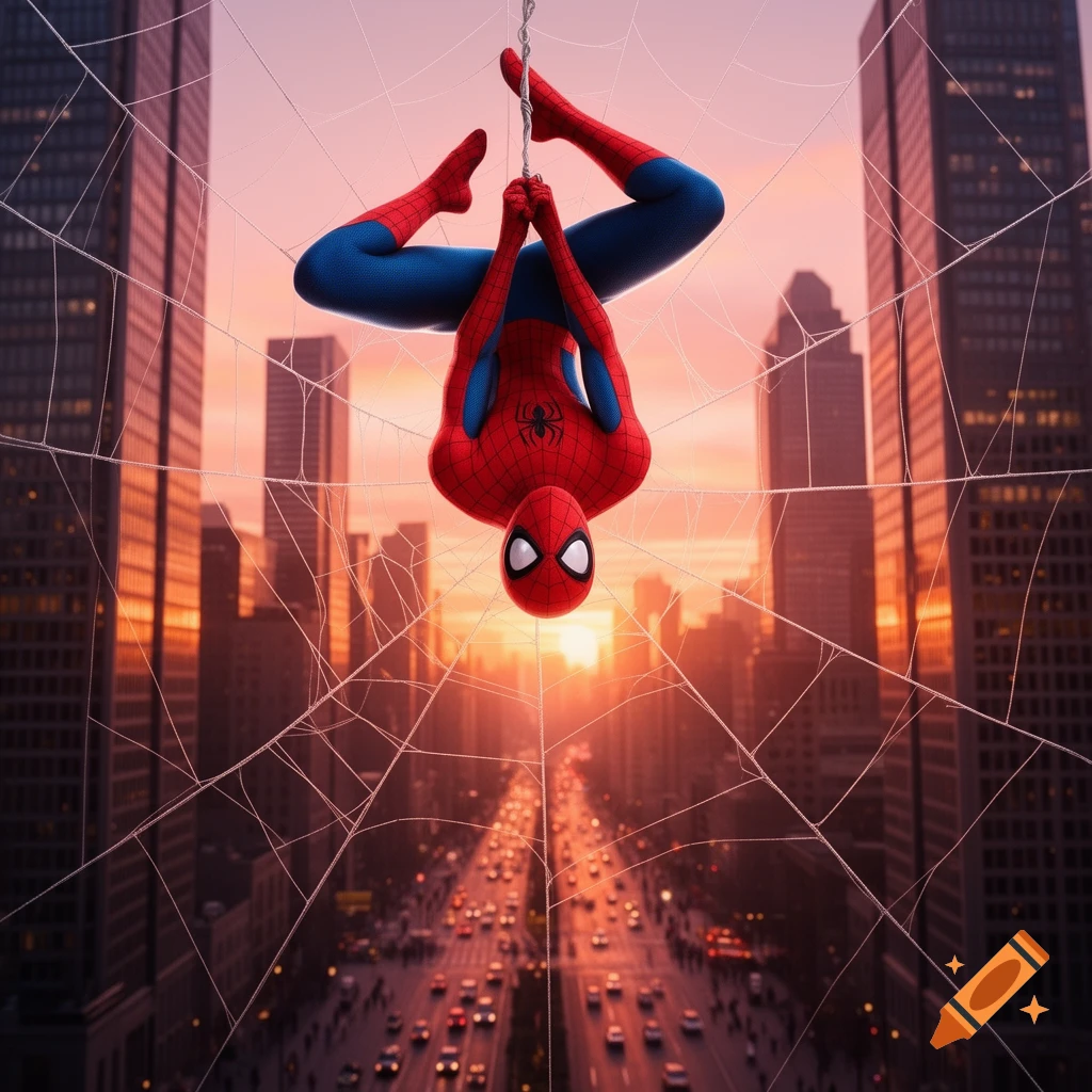 Spider-Man hangs upside down from a web, silhouetted against a vibrant sunset sky over a bustling city street with skyscrapers.