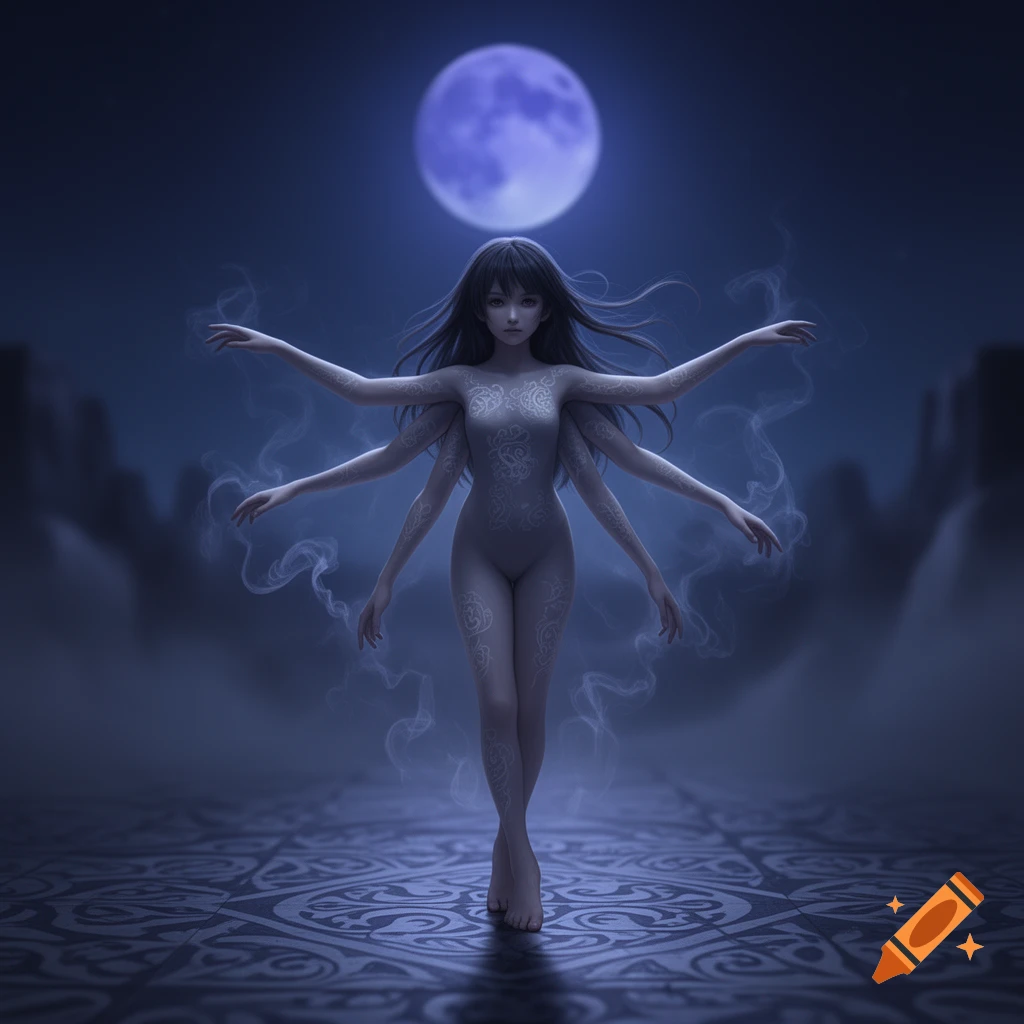 Stylized multi-armed female with patterns on her skin stands under a blue full moon in a dark, misty environment with a patterned floor.