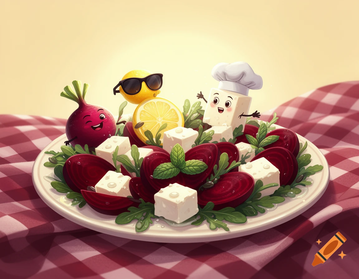 A cute cartoon beetroot, lemon, and chef hat-wearing feta cheese sit on a beetroot and arugula salad on a red checkered tablecloth.