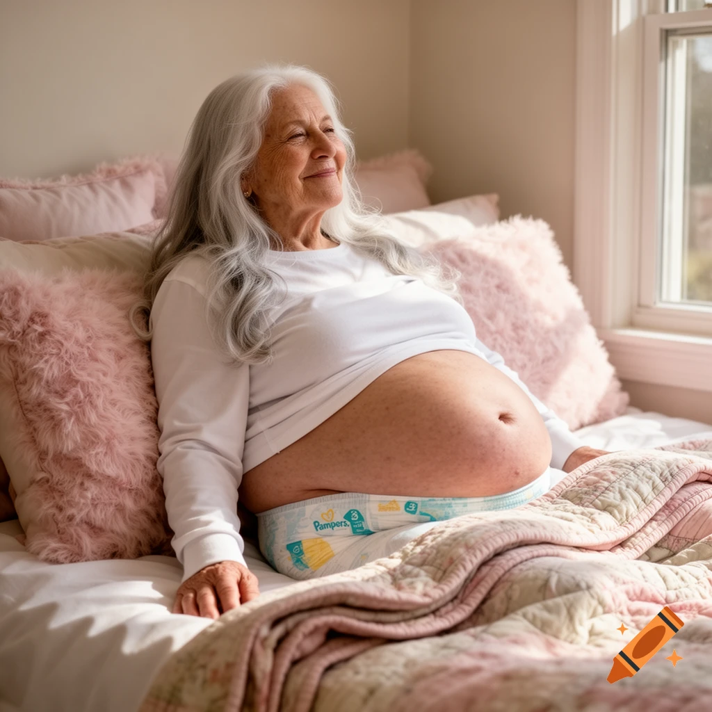 An elderly woman with long white hair and a large belly smiles while sitting on a bed in a white shirt and a diaper.
