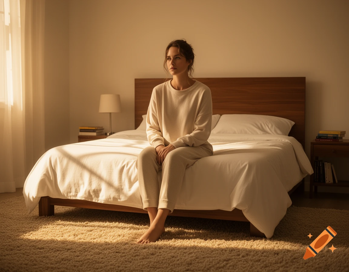 A pensive woman in light pajamas sits barefoot on the edge of a bed in a sunlit bedroom.