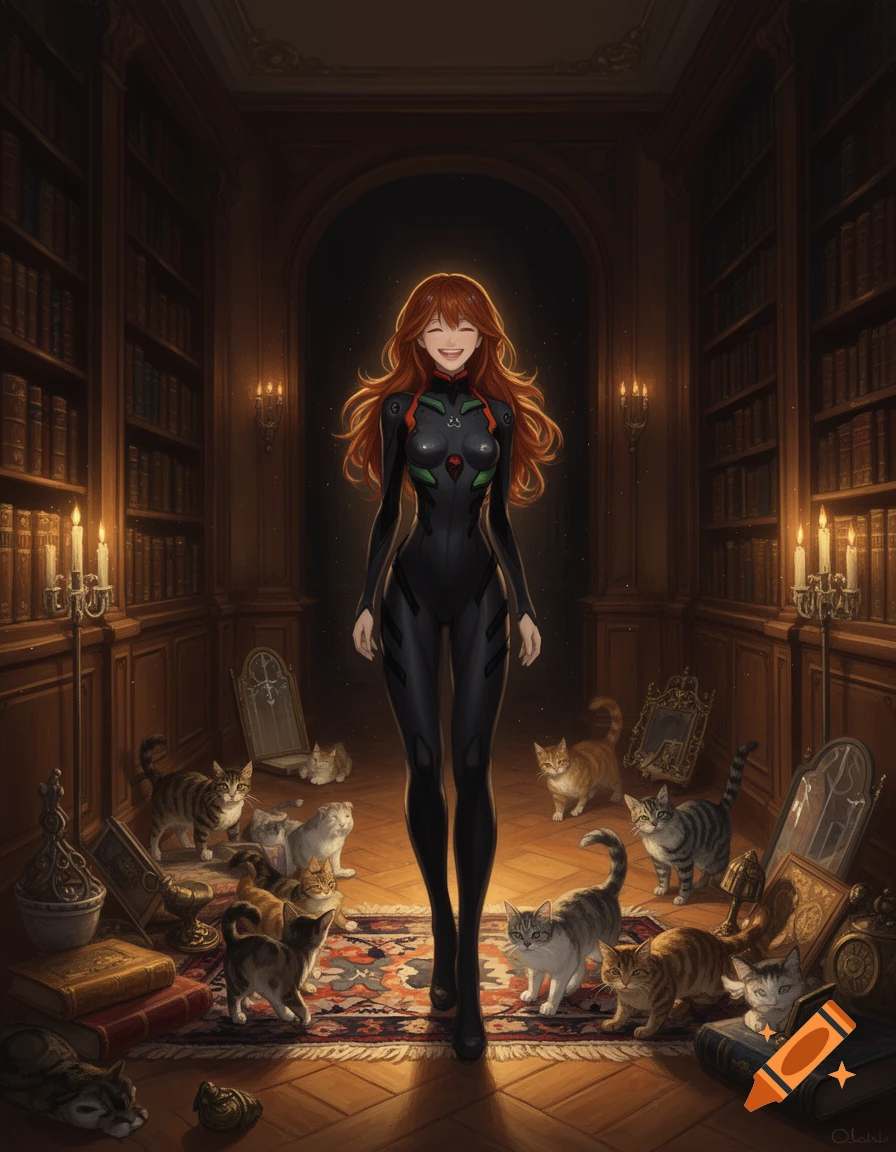 An anime woman with long red hair and a black bodysuit smiles as she walks through a grand, candlelit library filled with many cats.