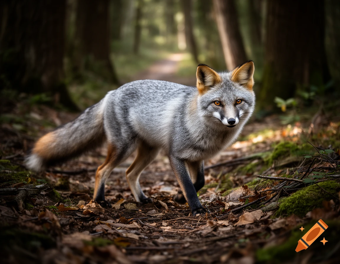 A photorealistic grey fox stands on a forest floor covered in leaves and moss, looking towards the viewer.