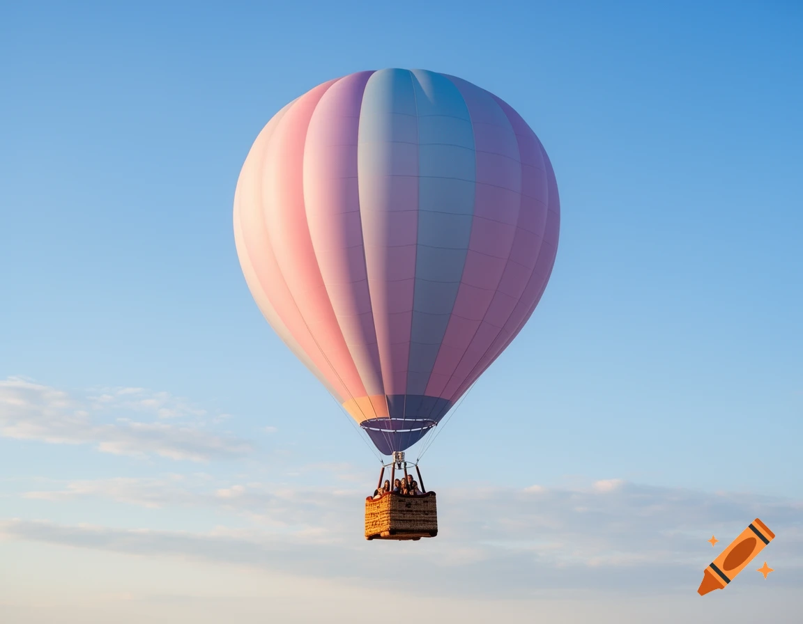 A pink and blue striped hot air balloon with a full basket of people floats in a clear blue sky above soft clouds.