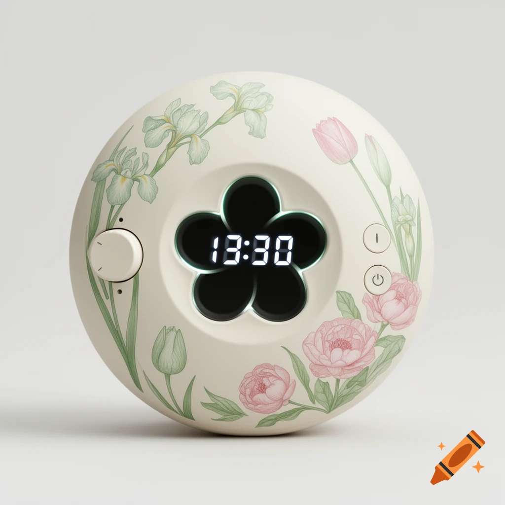 A round, cream-colored digital clock or music player, adorned with delicate illustrations of irises, tulips, and peonies. The time 13:30 is displayed in a flower-shaped LED screen.