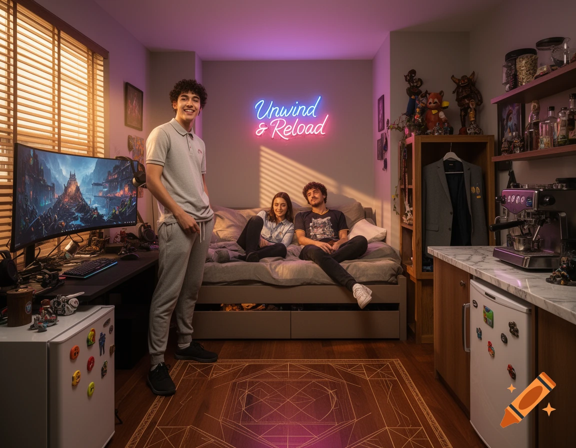 A young man stands smiling in a cozy, neon-lit room with a gaming setup and a woman sitting on the bed. A sign reads "Unwind & Reload".