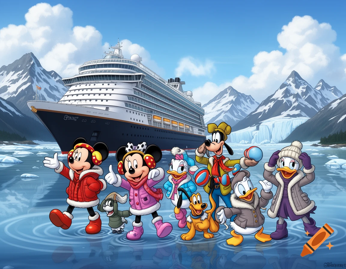 Mickey, Minnie, and other Disney characters in winter gear stand on ice with a large cruise ship and snowy mountains in the background, cartoon style.