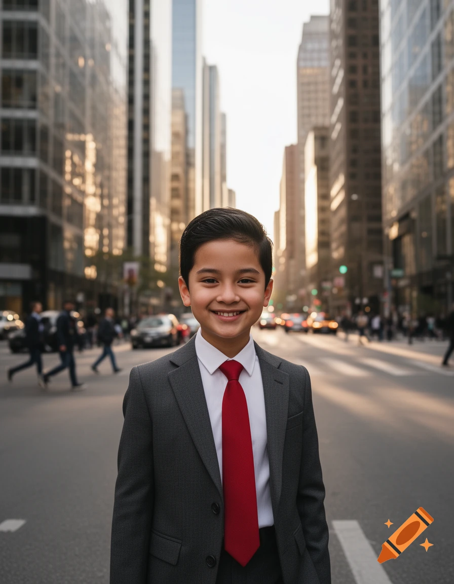 A smiling young boy in a gray suit and red tie stands on a city street with tall buildings in the background.