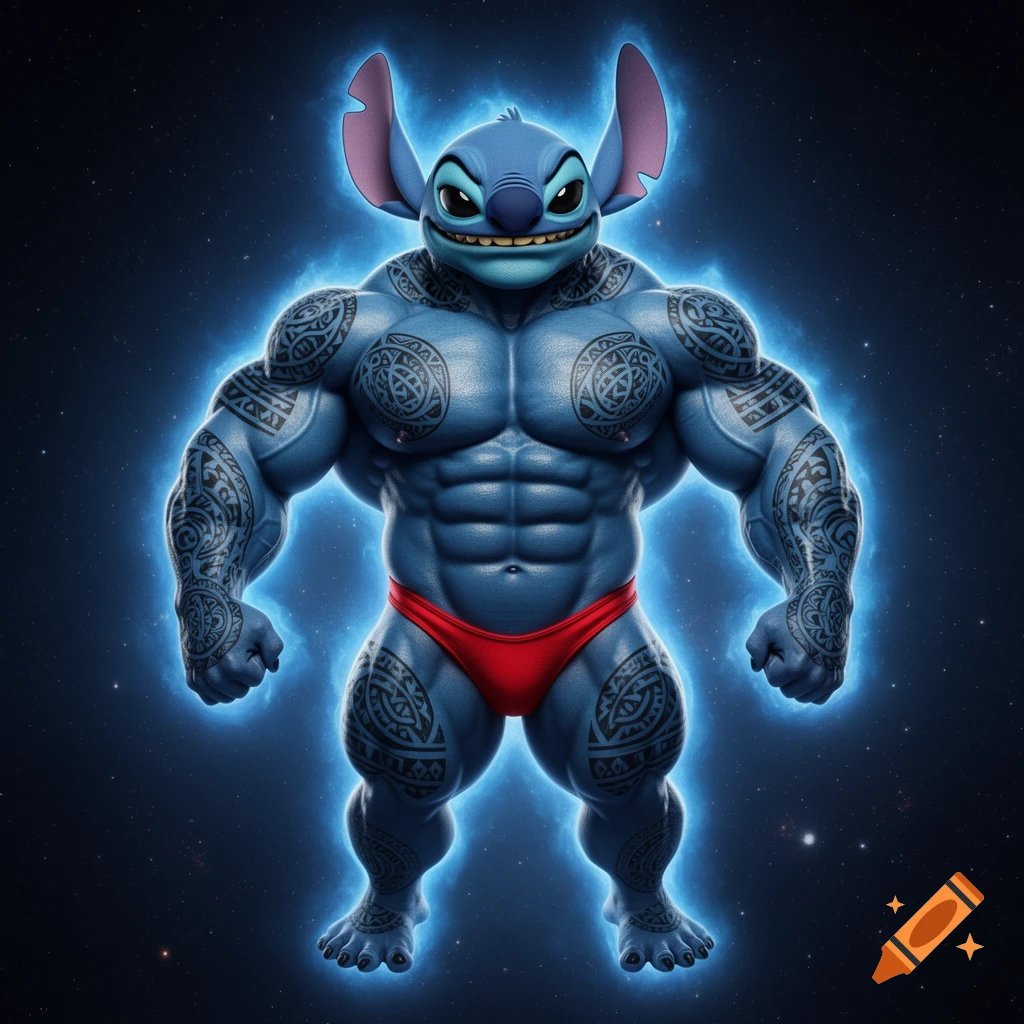 Hyper-realistic muscular Stitch bodybuilder with Polynesian tattoos and a red thong, floating in space with a blue aura and an arrogant smile.