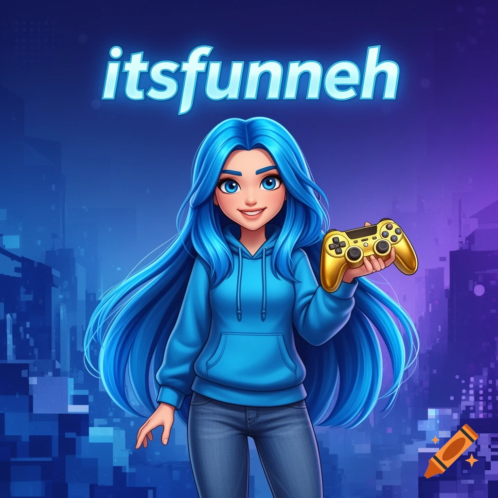 A cartoon girl with long blue hair, wearing a blue hoodie, holds a gold game controller. The text "itsfunneh" is above her.