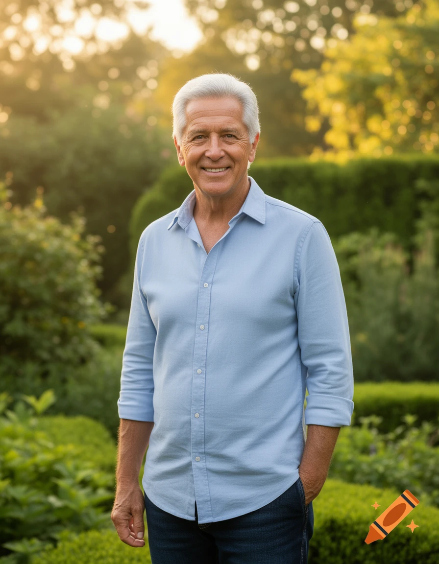 A smiling 65-year-old man with silver hair in a blue shirt and jeans stands in a sunlit garden.