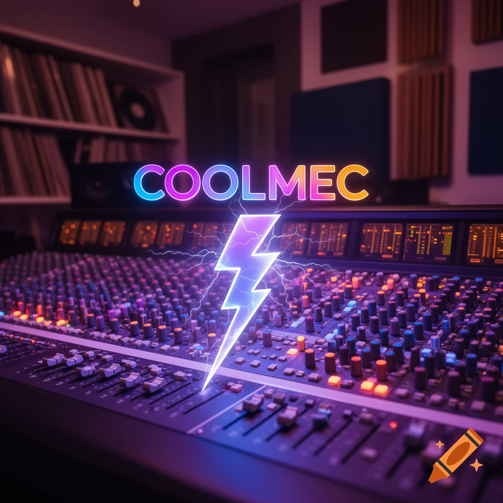 Vibrant neon text 'COOLMEC' and a lightning bolt over a professional music mixing board in a dimly lit studio.