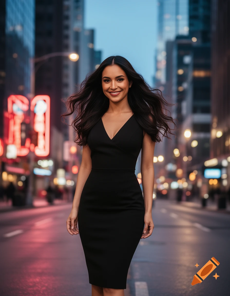 A smiling woman with long dark hair wears a black sleeveless dress, walking on a city street at dusk with blurred neon lights and buildings in the background.