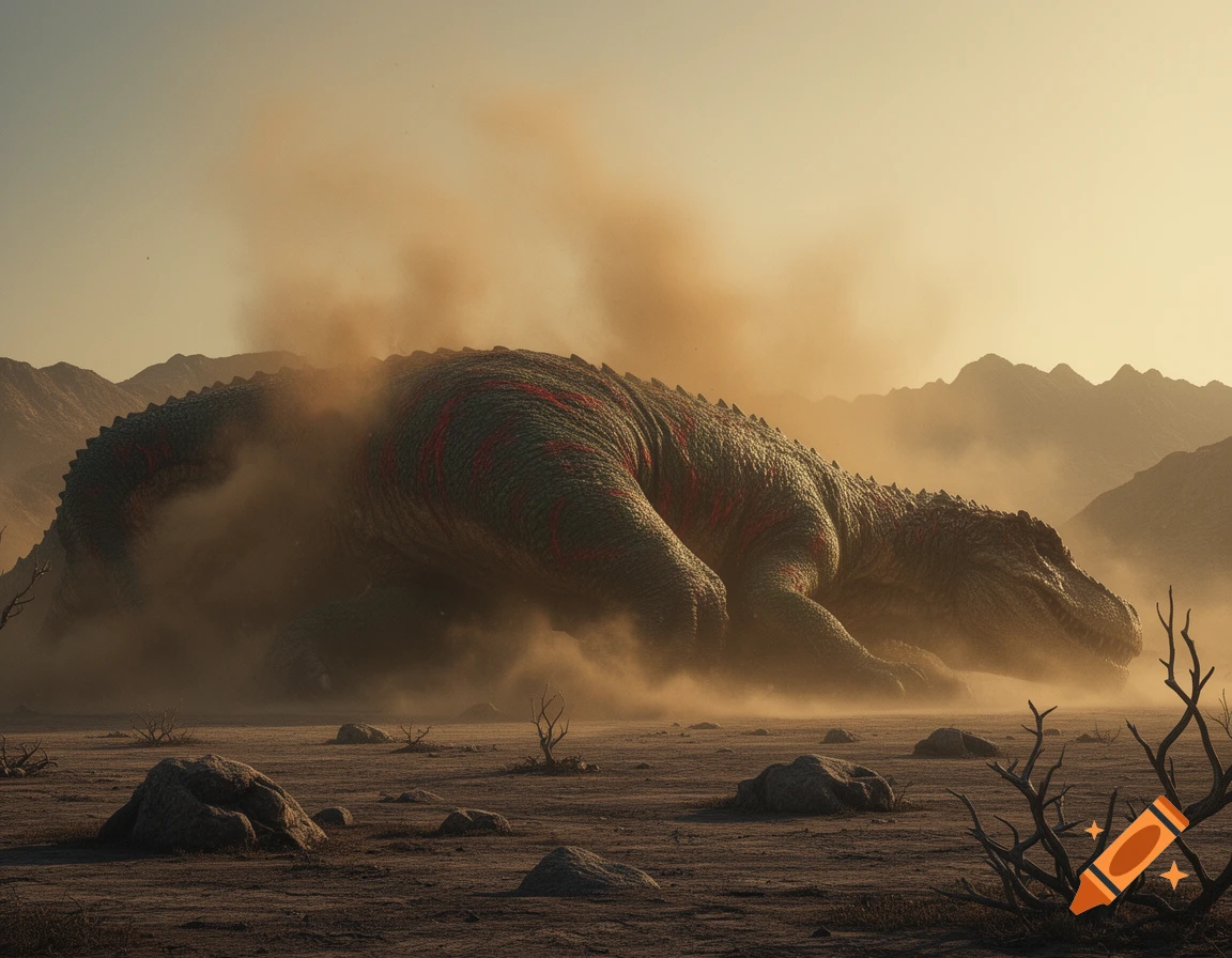 A colossal, scaly dino-kaiju lies in a dusty desert landscape with distant mountains under a warm sky.