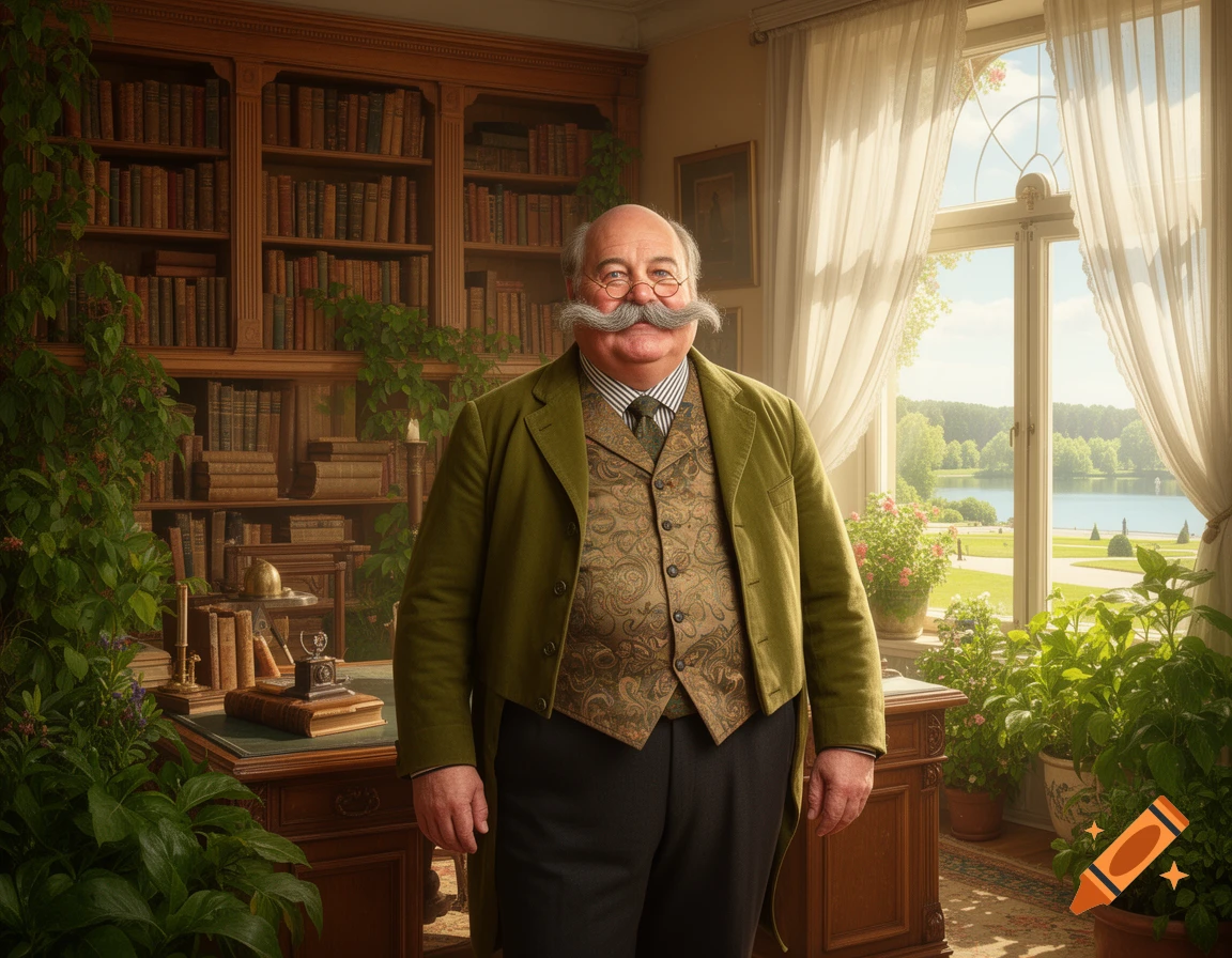 A detailed, realistic portrait of a stout man with a large mustache and glasses in a sunlit, plant-filled vintage study with bookshelves and a lake view.